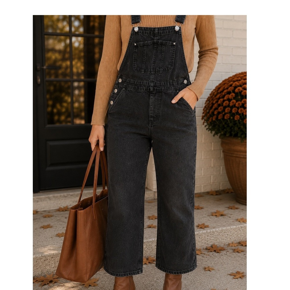 Old Navy Womens Washed Black Denim Straight Leg Utility Overalls 14 Petite fall